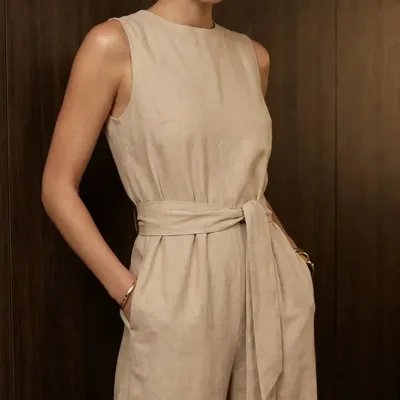 Macacão Feminino Longo Linho Pantalona Elegante Com Faixa