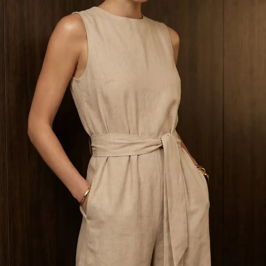 Macacão Feminino Longo Linho Pantalona Elegante Com Faixa