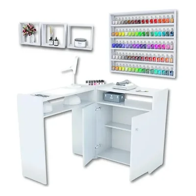 Mesa Para Manicure L Armário + Expositor Esmaltes + Nichos Branco