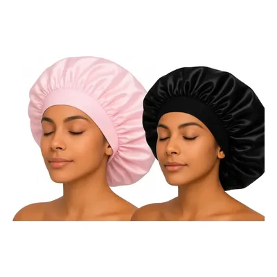 Kit 2 Touca De Cetim Com Faixa Anti Frizz Hidratação Luxo Lf Rosa/preto Cetim Simples