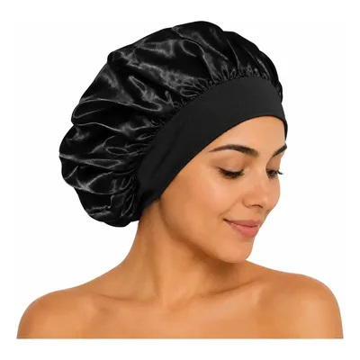 Touca De Cetim Seda Faixa Antifrizz Hidratação Dormir Noite Preto Sem Voltagem
