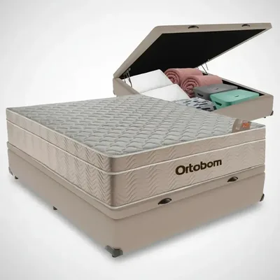 Cama box baú Ortobom Airtech Springpocket casal colchão bege
