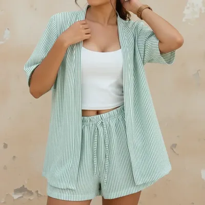 Conjunto Kimono E Short Listrado Feminino Casual Verão Verde M