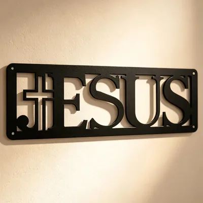 Arte De Parede Cruz De Jesus Em Metal Preto, Iron Matte