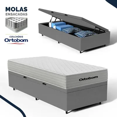 Box Baú E Colchão De Mola Ensacada Ortobom Plenno Solteiro Cinza