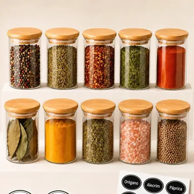 Porta-temperos Ame Cozinha Porta Temperos Bambu marrom om capacidade para 10 unidades, inclui 10 potes