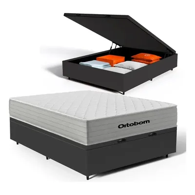 Cama Box Baú E Colchão De Mola Ensacada Ortobom Plenno Casal Preto