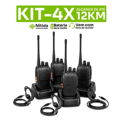 Kit Com 4 Rádio Comunicador Walkie Talkie Com Fone De Ouvido Good Vision Uhf Vhf Fm 16 Canais 5w Alcance Até 12km Bateria 1500mah Rádio Portátil Profissional Comunicação Longo Alcance - Preto