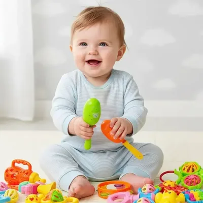 Kit Chocalho e Mordedor Sensorial para Bebê Colorido com 10 Peças