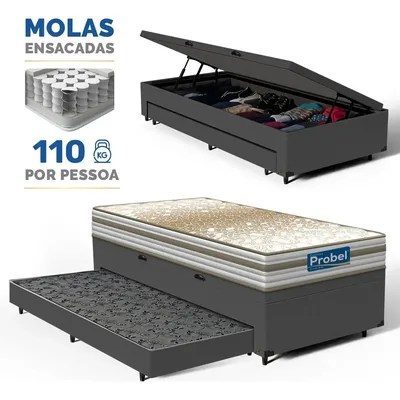 Box Baú E Auxiliar + Colchão Mola Ensacada Alfa Probel 88cm Cinza