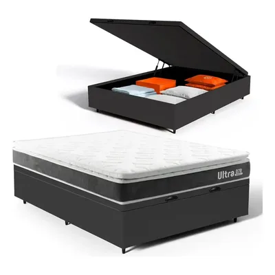 Box Baú + Colchão Espuma D70 Pillow Ortopédico Casal Topazio Preto