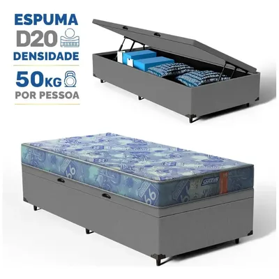 Cama Box Baú + Colchão Gazin Espuma D20 Supreme Solteiro 78 Cinza