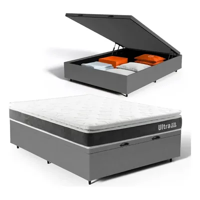 Box Baú + Colchão Espuma D70 Pillow Ortopédico Casal Topazio Cinza