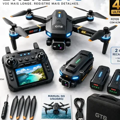 Drone Gt8 Pro 4k Full Hd Profissional Câmera Fpv Controle Com Tela 2 Baterias Motor Brushless Longo Alcance Dobrável