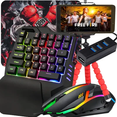 Kit Gamer Mobilador Celular Teclado Mouse Tripé Usb Rgb Otg Mouse Preto Teclado Preto