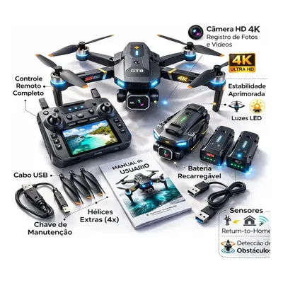 Drone Aéreo GT8 Max 4K Ultra HD com Câmera FPV, GPS e 2 Baterias
