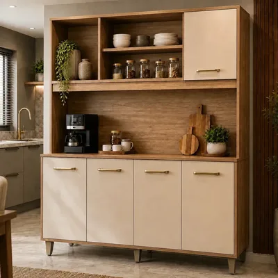Kit Armário de Cozinha Nicioli Magazin 120 5 Portas Freijó/Off White Cristal Moderno Compacto Organizador Resistente