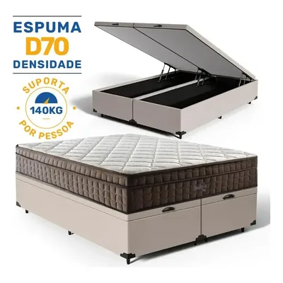 Box Baú Queen + Colchão De Espuma D70 Pillow In - Anjos Cor Bege