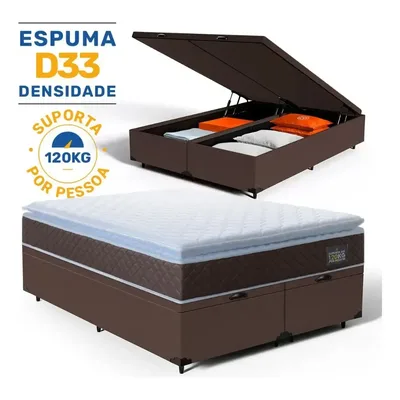 Cama Box Baú King + Colchão De Espuma D33 Com Pillow Top Marrom