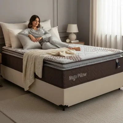 Cama Box Casal + Colchão De Espuma Com Mega Pillow Top Cor Bege