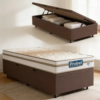 Box Baú + Colchão Mola Ensacada Pillow Euro Alfa Probel 88cm Marrom
