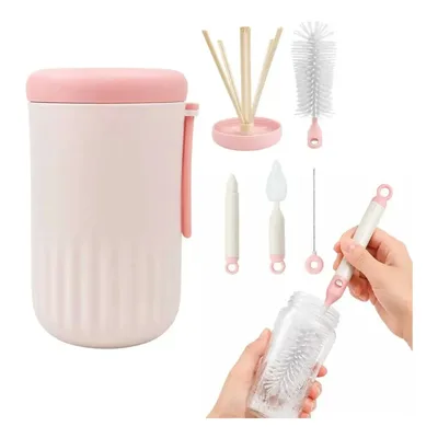 Kit Escovas para Mamadeira Naisieka Rosa, com Limpa Bico e Canudo