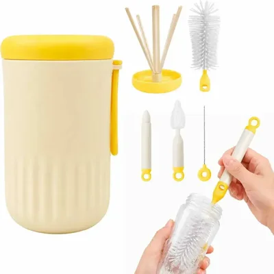 Kit de Limpeza Para Mamadeira Naisieka Com Escova de Bico e Estojo Portátil Amarelo