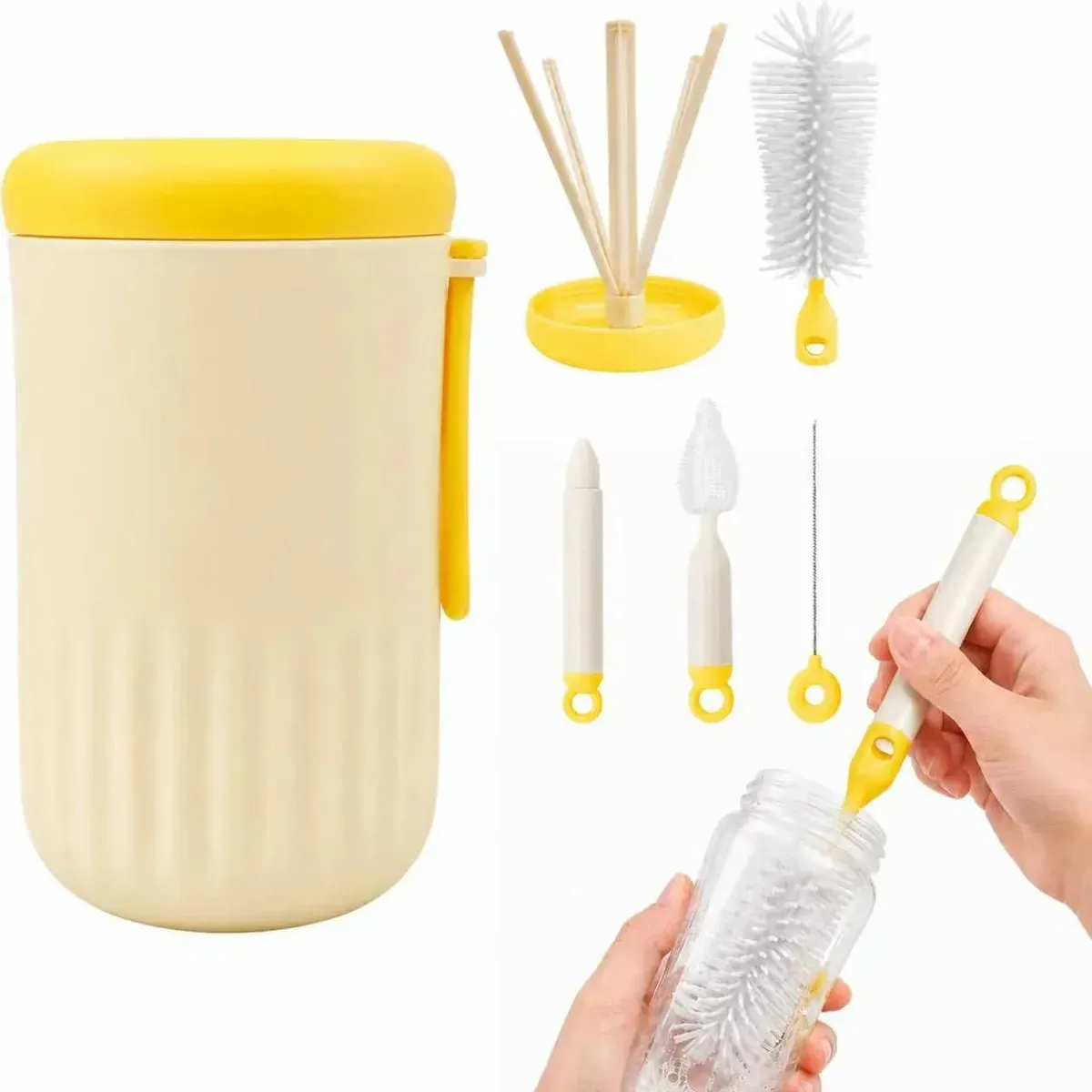 Kit de Limpeza Para Mamadeira Naisieka Com Escova de Bico e Estojo Portátil Amarelo