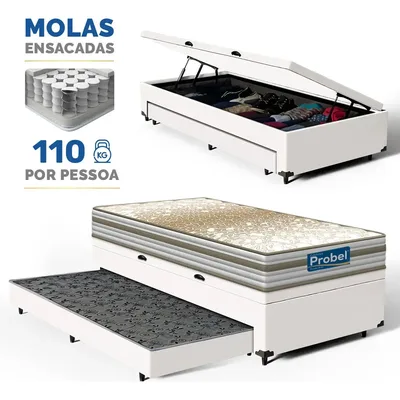 Box Baú E Auxiliar + Colchão Mola Ensacada Alfa Probel 88cm Branco