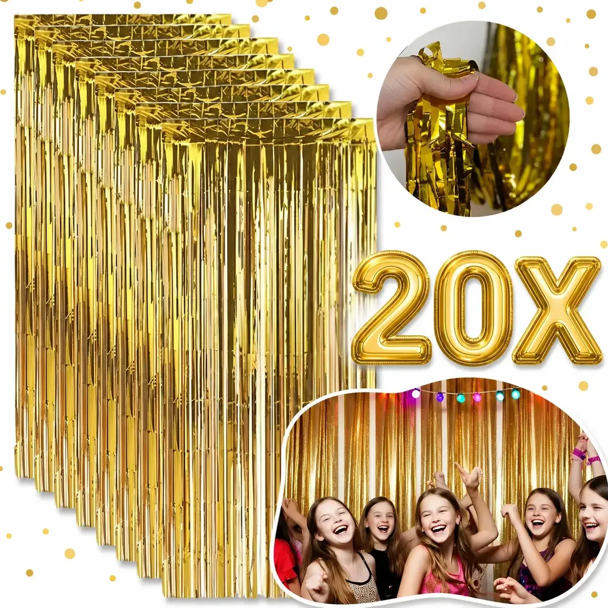 Kit 20 Cortinas Metalizada Lisa Franja 2x1m Festa Fitas Dourado
