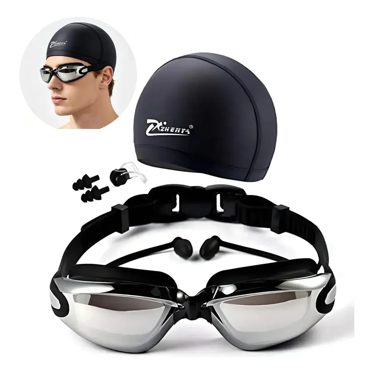 Kit 5 Em 1 Óculos De Natação GM Bear Com Proteção UV e Lentes Espelhadas Para Adultos