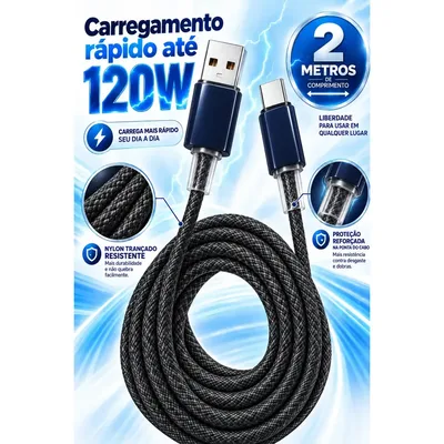 Cabo USB Tipo C de 2m para Celular e Notebook com Carga Rápida de 120W, revestimento náilon trançado, ponta reforçada, resistente ao desgaste e dobras, carregamento seguro e transmissão estável