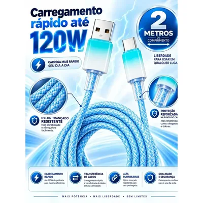 Cabo USB Tipo C de 2m para Celular e Notebook com Carga Rápida de 120W, revestimento náilon trançado, ponta reforçada, resistente ao desgaste e dobras, carregamento seguro e transmissão estável
