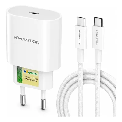 Kit Carregador Tipo C H'MASTON CB23 com Cabo USB-C para USB-C de 92,5cm, Saída até 19,8W, Bivolt para iPhone 15 16 17 Pro Max, Samsung, Motorola, Xiaomi, Celular e Tablet, Branco Portátil