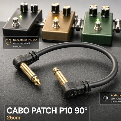 Cabo P10 Pedal 25cm Para Pedaleira Guitarra Baixo Violão Teclado Ângulo Reto Flat Conector Blindado Encaixe Firme Sem Ruído Sinal Limpo Pedais Lado a Lado Pedalboard Dourado Profissional Patch - Yuso