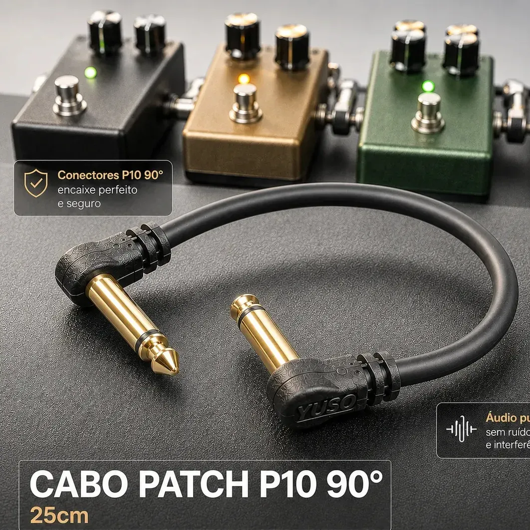 Cabo P10 Pedal 25cm Para Pedaleira Guitarra Baixo Violão Teclado Ângulo Reto Flat Conector Blindado Encaixe Firme Sem Ruído Sinal Limpo Pedais Lado a Lado Pedalboard Dourado Profissional Patch - Yuso