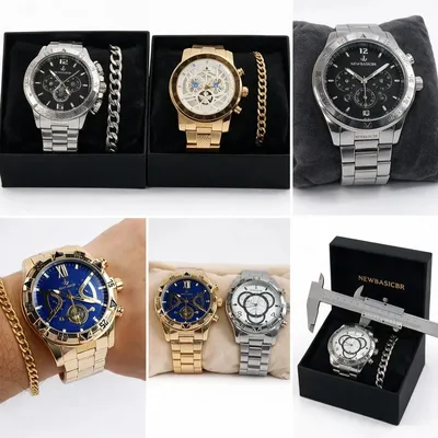 4 Relógio Masculino Pulseira em Aço Inoxidável com Caixa para presente Atacado com Correia cor Dourada e Prata