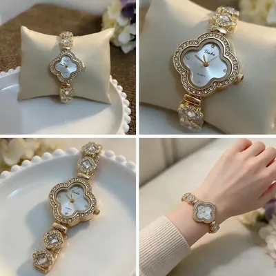 Relógio Feminino Guke Trevo Cravejado Brilhante Luxuoso Correia Dourado
