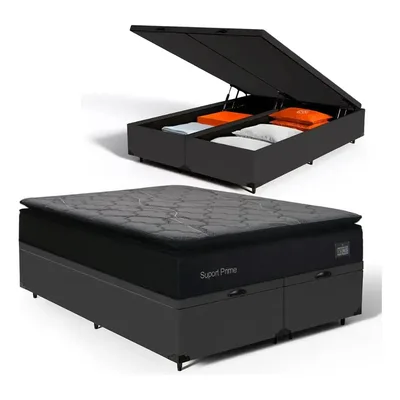 Cama Box Baú Casal + Colchão De Espuma D45 Pillow Top Prime Cor Preto