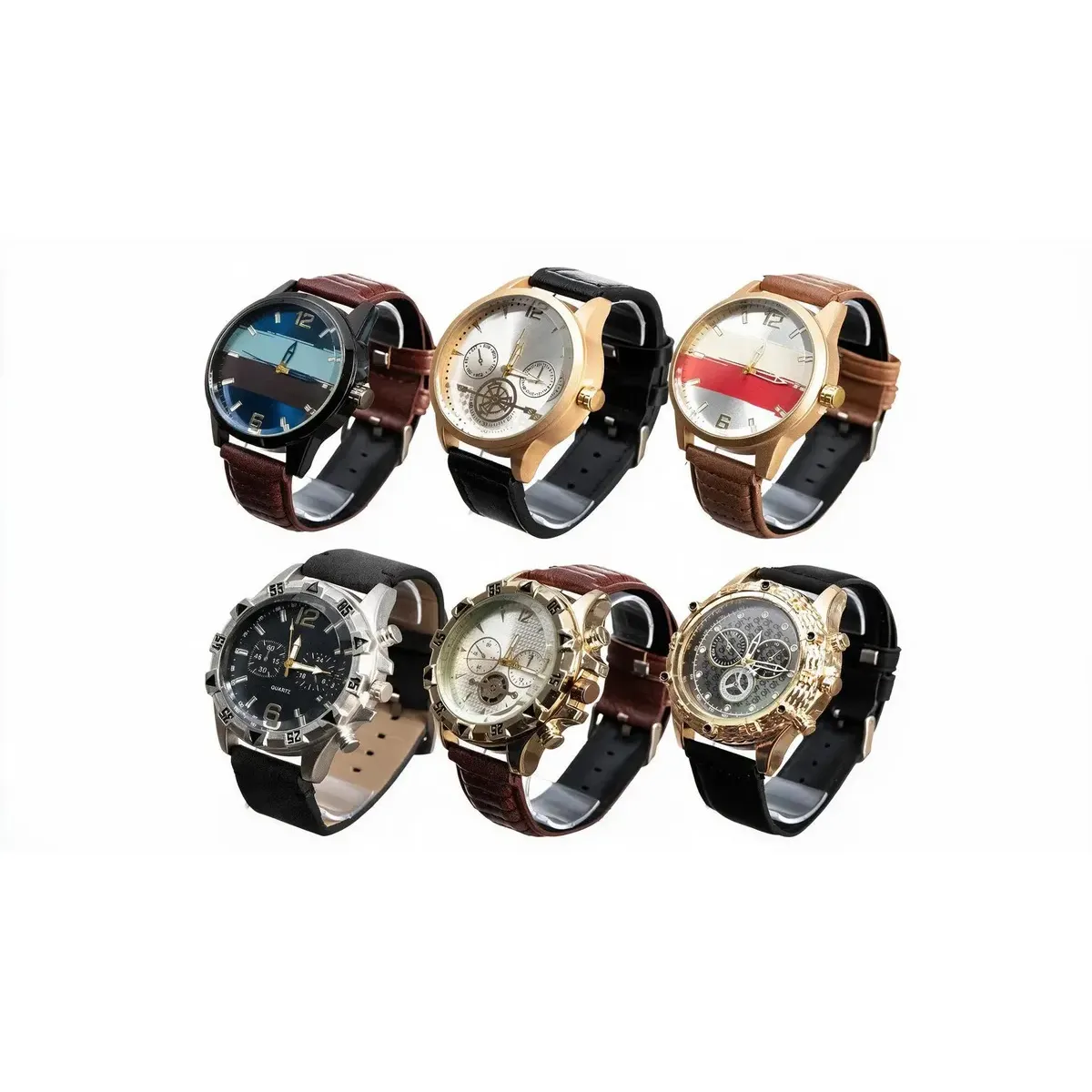 Kit Com 6 Relógios Masculino De Pulso Pulseira De Couro Atacado Cor da correia Sortido Cor do bisel Sortido Cor do fundo Sortido