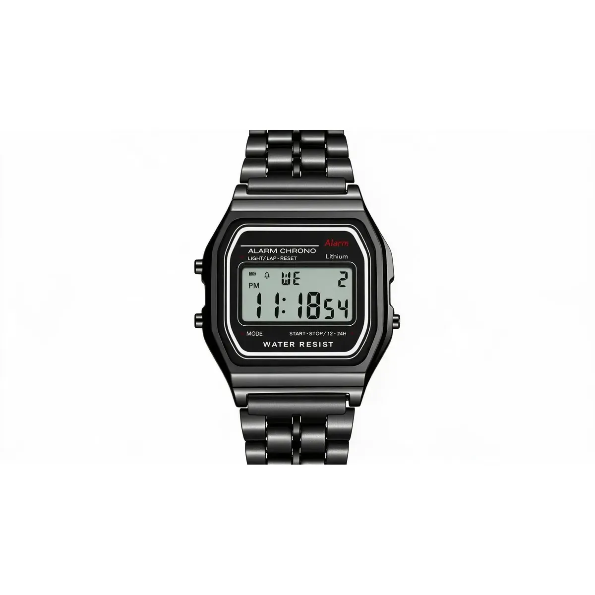 Reloj WR Digital Retrô caja rectangular 3,54 cm correa de aleación negra bisel negro fondo gris alarme cronógrafo