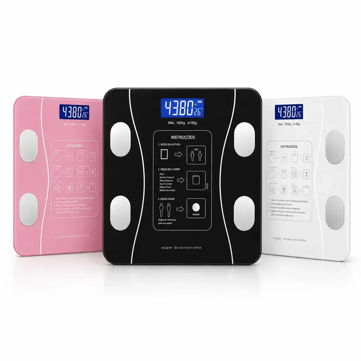 Balança Digital Bioimpedância Bluetooth Corporal Smart 180kg Com Aplicativo Android/iOS Mede Gordura Massa Muscular IMC Água Academia Fitness Quarto e Banheiro Branco - Super Brasileirinho