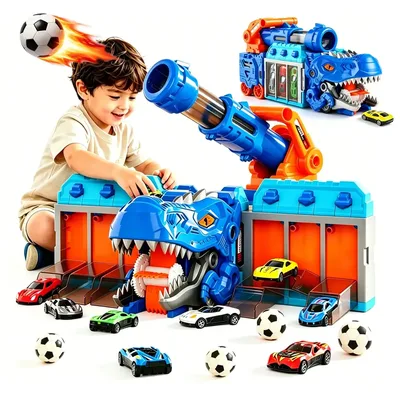 Caminhão Dinossauro Que Come Carros - Brinquedo Com Lançador,Com 6 Bolas EVA e 6 Pequenos,Azul