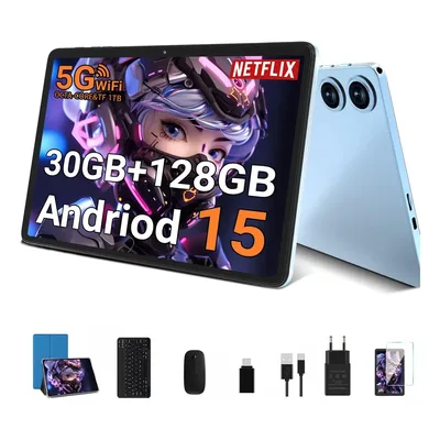 2026 Tablet Android 15 10.1 polegadas com Gemini Ai Tab 30 GB RAM+128 GB ROM/ (2TB TF max) 5G/2.4G Wi-Fi,Face ID,Octa-Core 8000 mAh BT5.0 IPS,Com Protetor mouse teclado