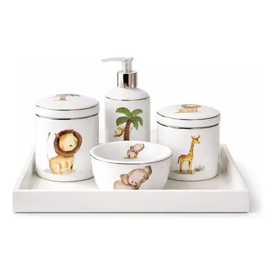 Kit Higiene Safari Com Friso Em Prata E Bandeja Mdf 5 Peças
