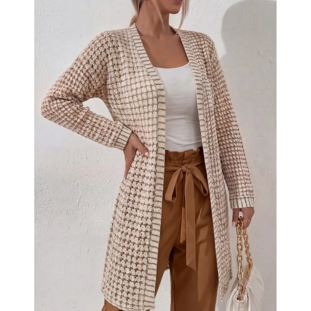 Cardigan Feminino Tricot Kimono Longo Casaco Quadradinho Lã