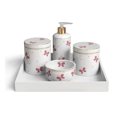 Kit Higiene Porcelana 5 Peças Borboleta Com Filete Ouro