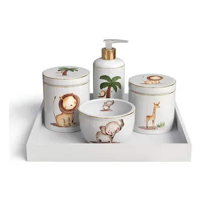 Kit 4pçs Higiene Bebe Bandeja Madeira Porcelana Cor Branco