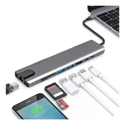 Hub 8em1 Adaptador Hdmi Type-c Rj45 Usb2/3.0 Sd/tf Pd Mac/pc