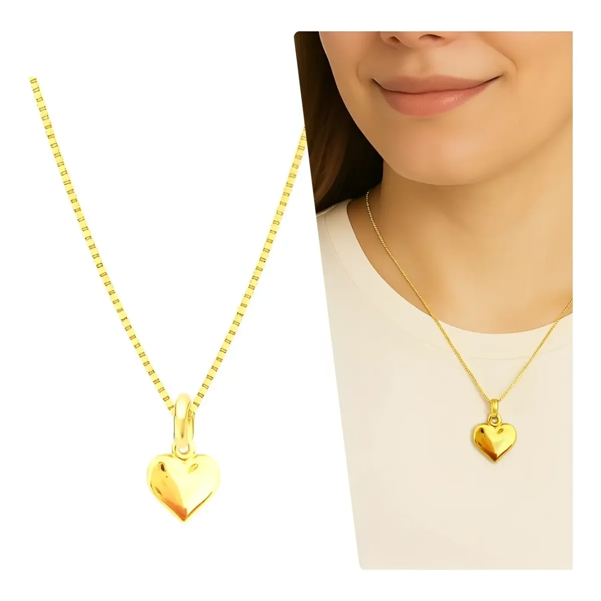 Colar Feminino E Pingente Coração Pequeno Liso Folheado Ouro